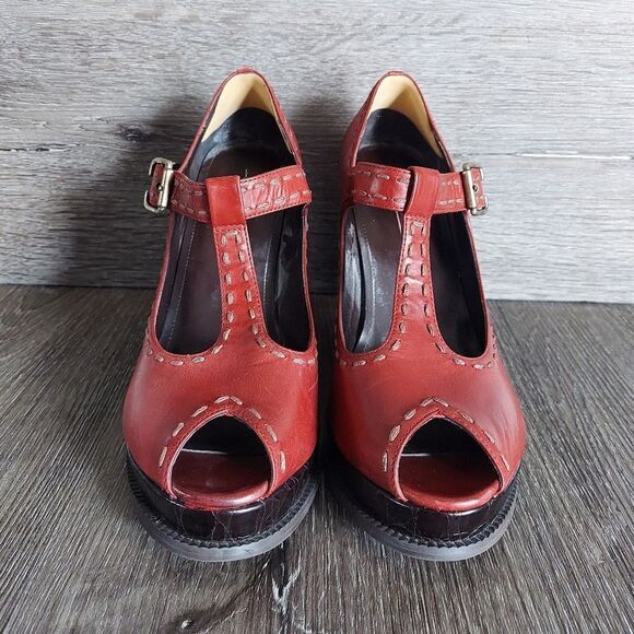 Red Linea Paolo Wedge Peep Toe Mary Janes Size 8 - Picture 3 of 7